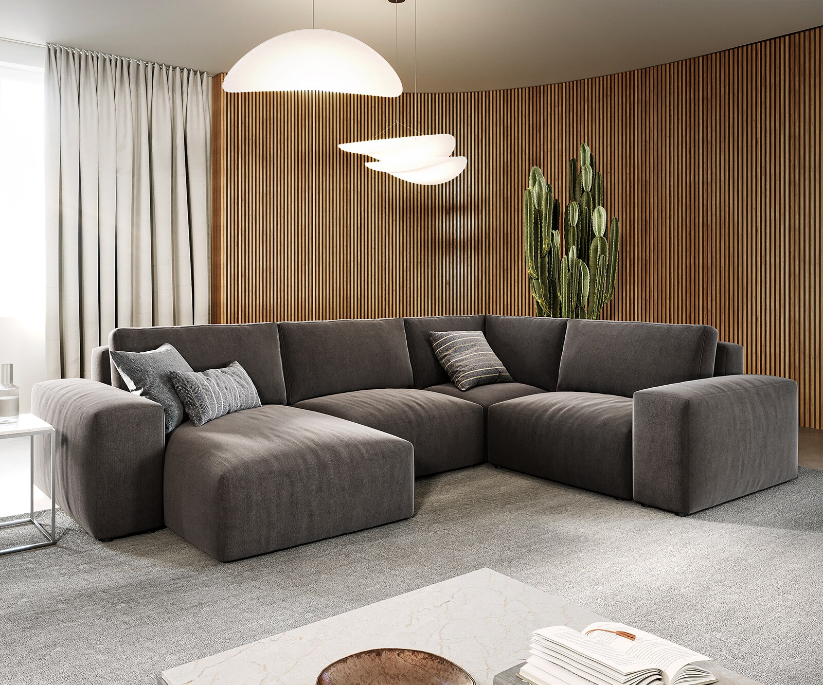 Canapé panoramique Lanzo XL 360x260 cm Velours côtelé Beige Recamière variable 4