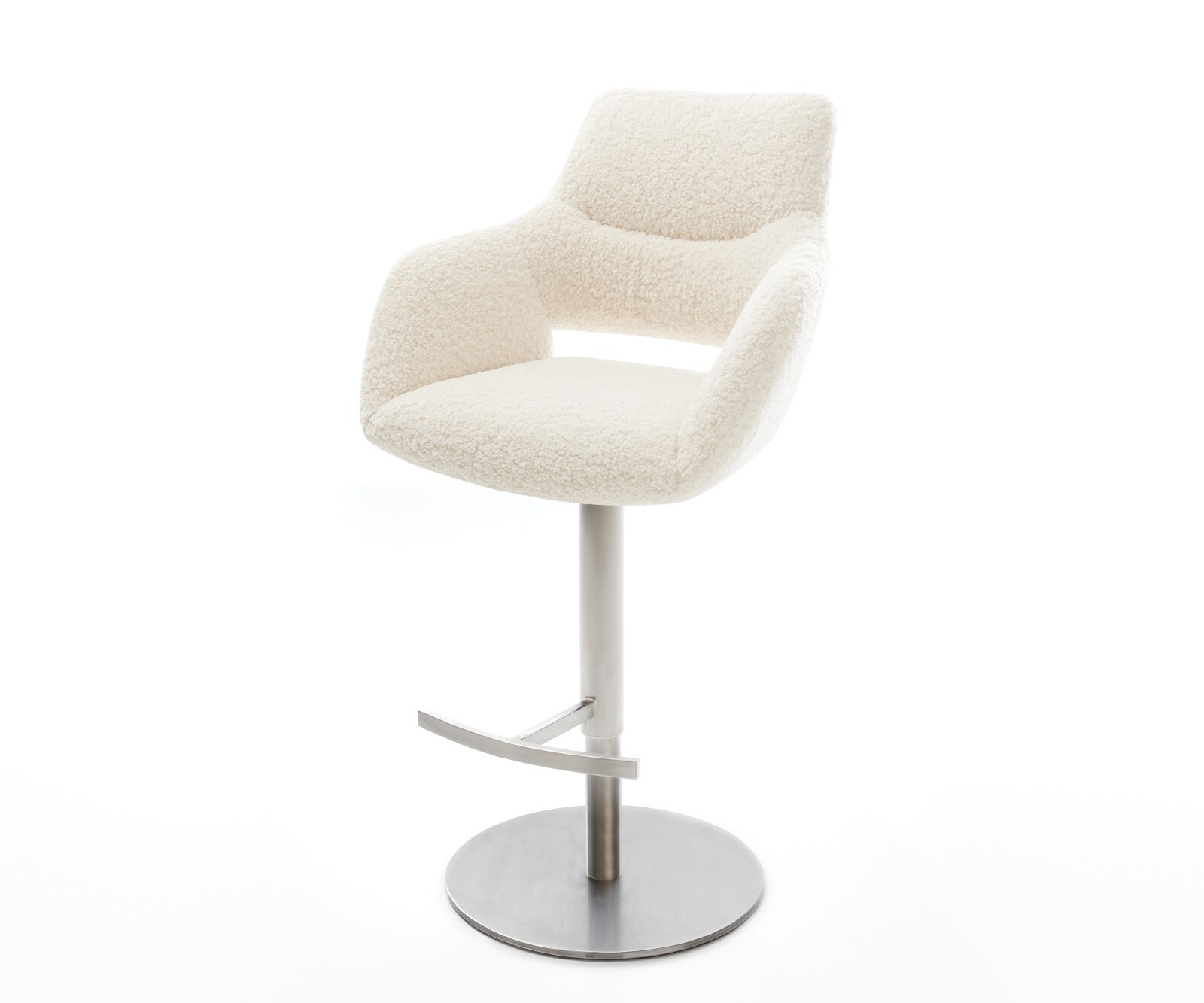 Chaise-de-bar Yago-Flex Tissu teddy Beige Pied pivotant réglable en hauteur en acier inoxydable Argent Ressort ensaché