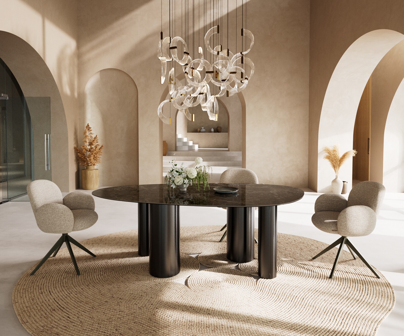 Table à manger Edge Ovale 220x120 Céramique Laminam®Emperador Extra Lucidato Marron foncé Pilier Acier inoxydable Graphite 4