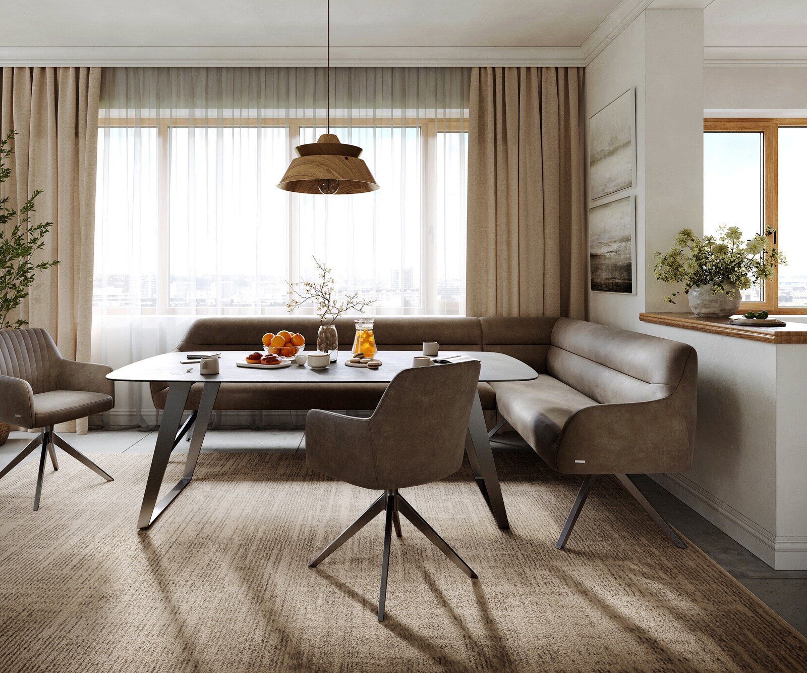 Esszimmerbank Taya-Flex 285x190 cm Mikrofaser Taupe Vintage Kreuzgestell kantig Graphit Taschenfederkern Links 1