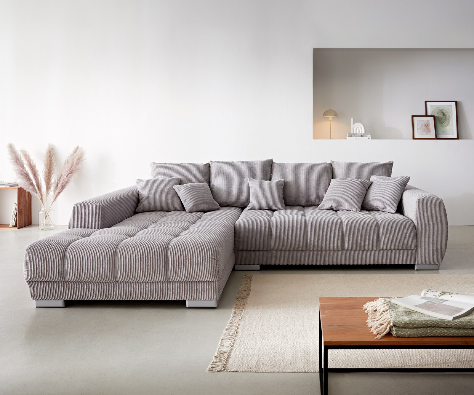 Canapé-d'angle Josea 300x220 cm velours côtelé gris argenté méridiènne gauche 1