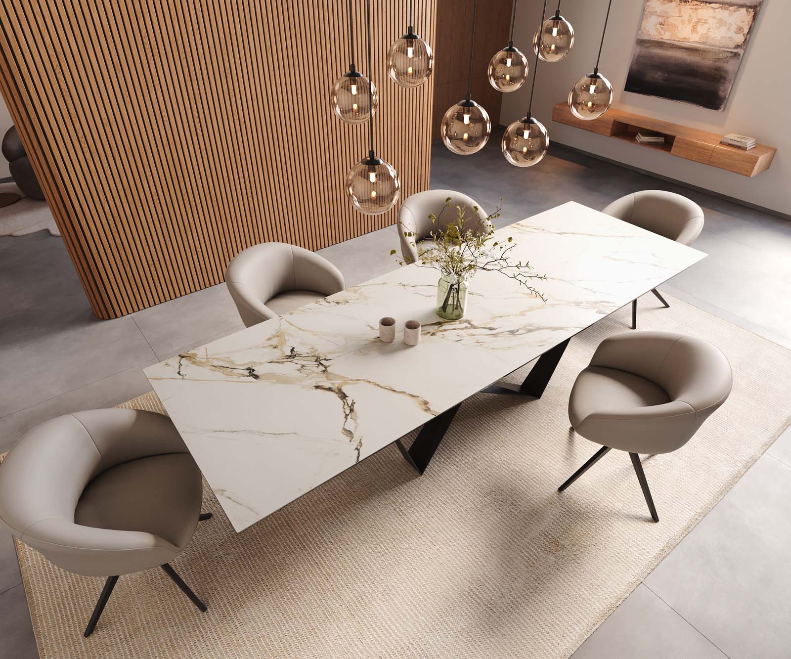 Esstisch Edge 300x100 Keramik Calacatta Luxe Weiß-Gold-Grau Spider Flachstahl Schwarz 6