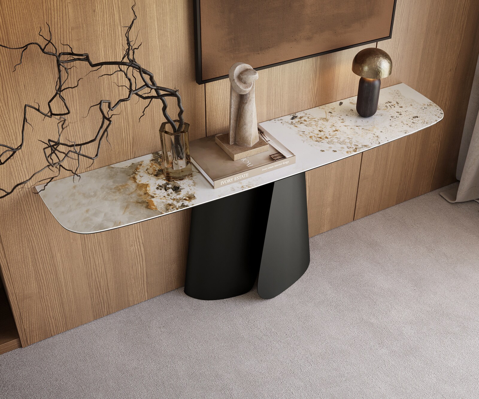 Console Edge forme bateau 180x40 cm Céramique Minas Melange Weiß-Beige Livos Métal Noir 2