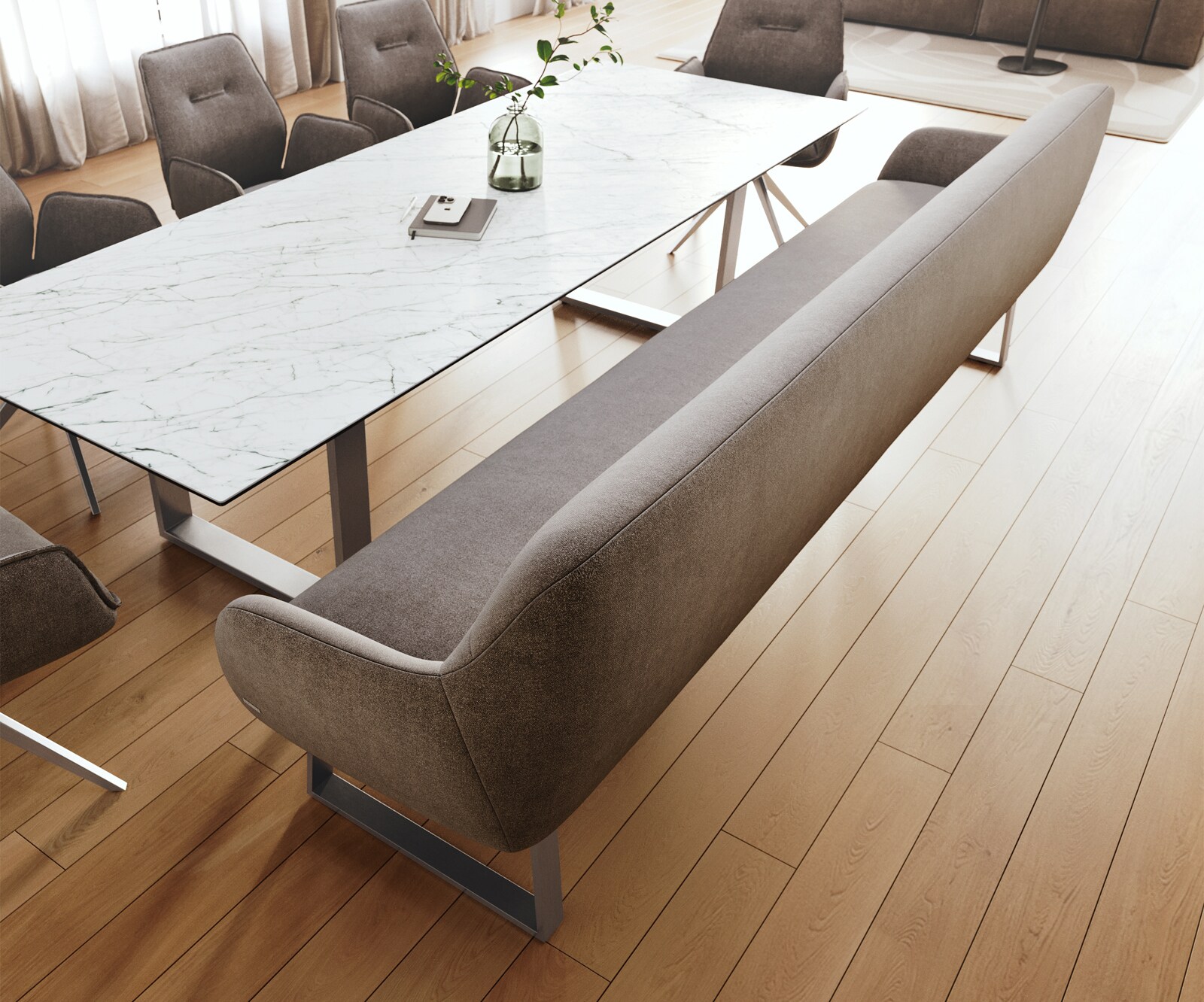 Banc-de-salle-à-manger Taya-Flex 300 cm tissu structuré doux taupe piètement à patins angulaire acier inoxydable ressort ensaché 3