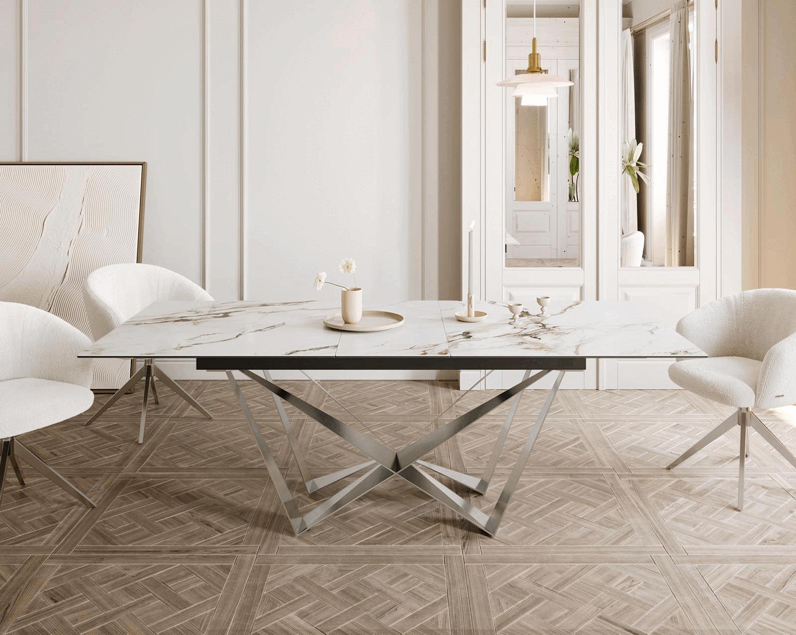 Esstisch Edge 180-220x100 Keramik Calacatta Luxe Weiß-Gold-Grau Spider Flachstahl Edelstahl ausziehbar 1