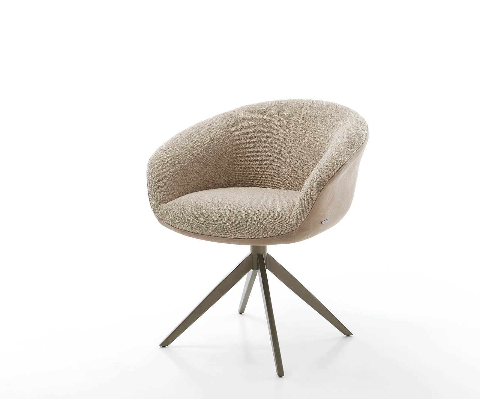 Chaise-pivotante Vinka-Flex avec accoudoirs tissu mixte couleur boue pied croisé large aspect titane ressorts ensachés pivote sur 360°