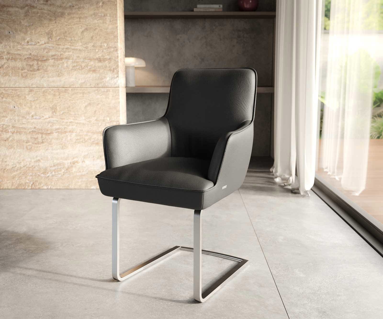 Freischwinger Heira-Flex mit Armlehnen Echt-Leder Schwarz Freischwinger flach Edelstahl Taschenfederkern Freischwinger Heira-Flex mit Armlehnen Echt-Leder Schwarz Freischwinger flach Edelstahl Taschenfederkern