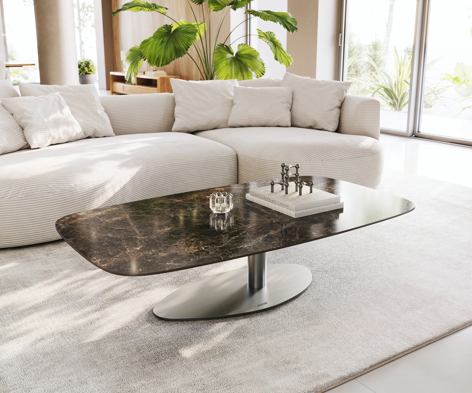 Couchtisch Edge Boot 140x80 cm Keramik Laminam® Emperador Extra Lucidato Dunkelbraun Vibany Edelstahl gebürstet