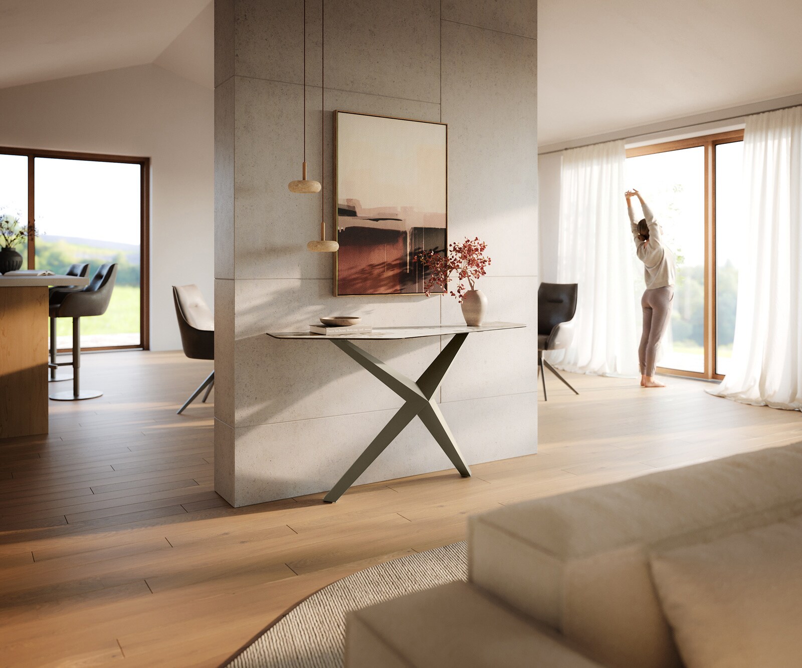 Console Edge Polygonal 140x50 cm Céramique Minas Melange Weiß-Beige Zentharo Métal Effektfinish Titan 7