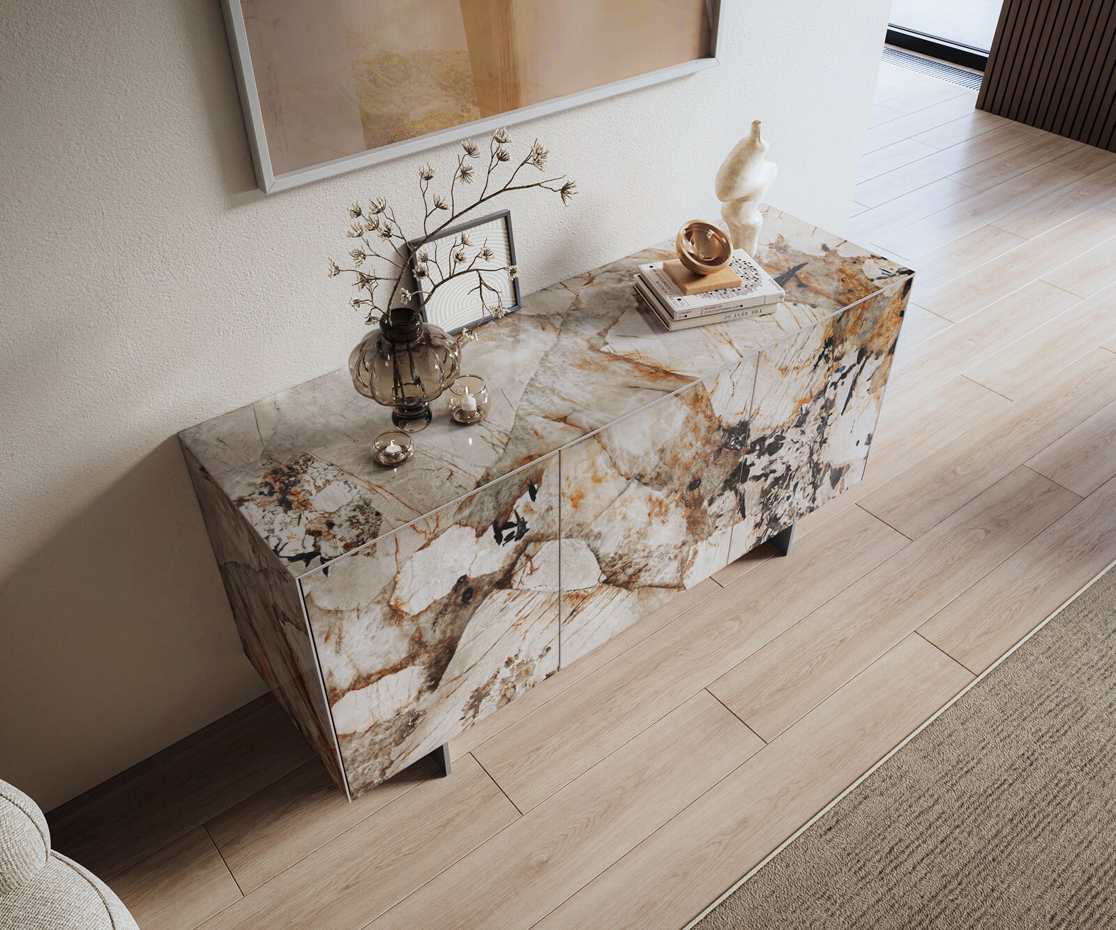 Buffet Cuor 150 cm Céramique Patagonia raffinée 3 Portes Pied optique flottant Ancier inoxydable 4