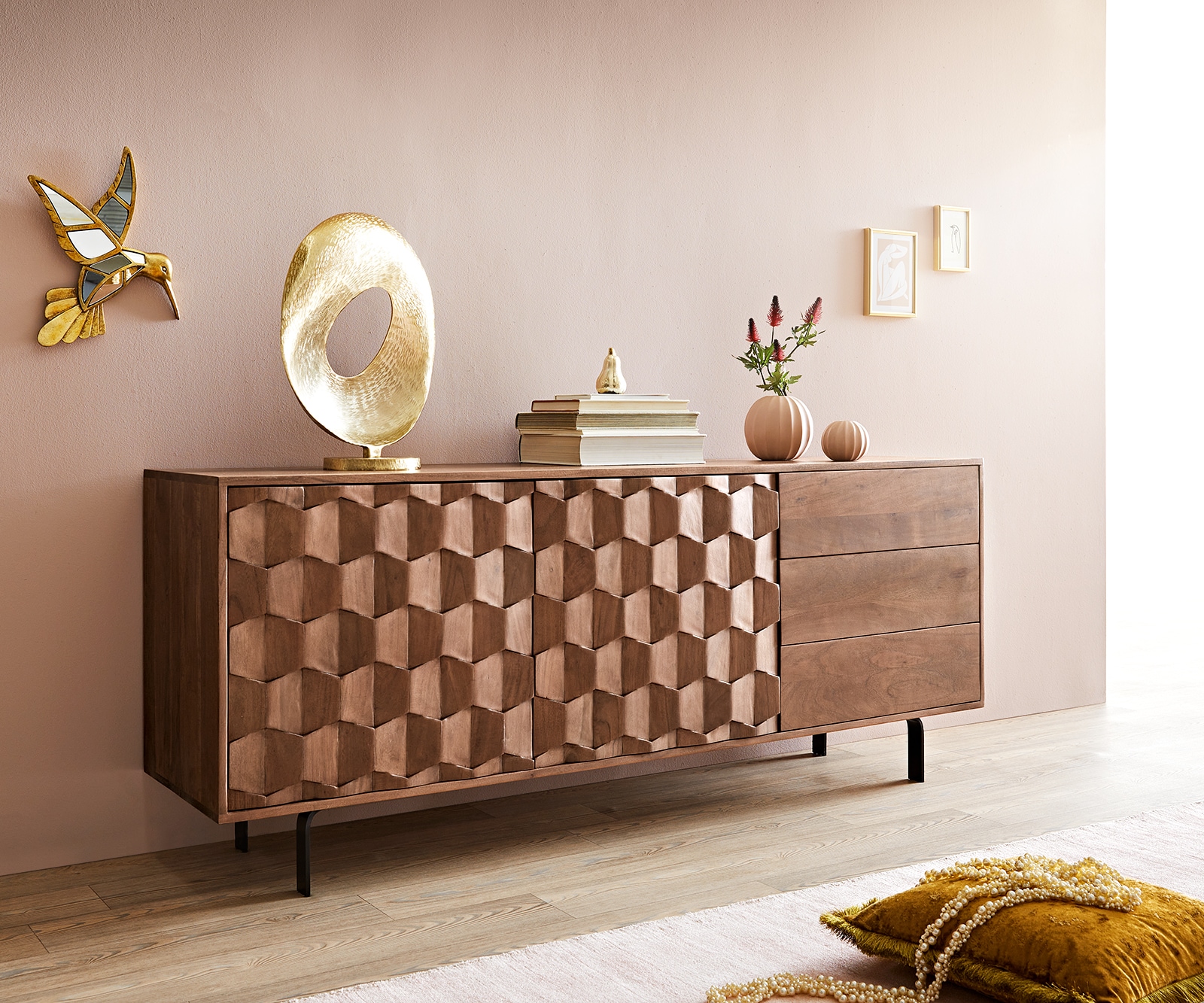 Sideboard Fevo 175 cm Akazie Braun 2 Türen 3 Schubfächer L-Fuß Sideboard Fevo 175 cm Akazie Braun 2 Türen 3 Schubfächer L-Fuß