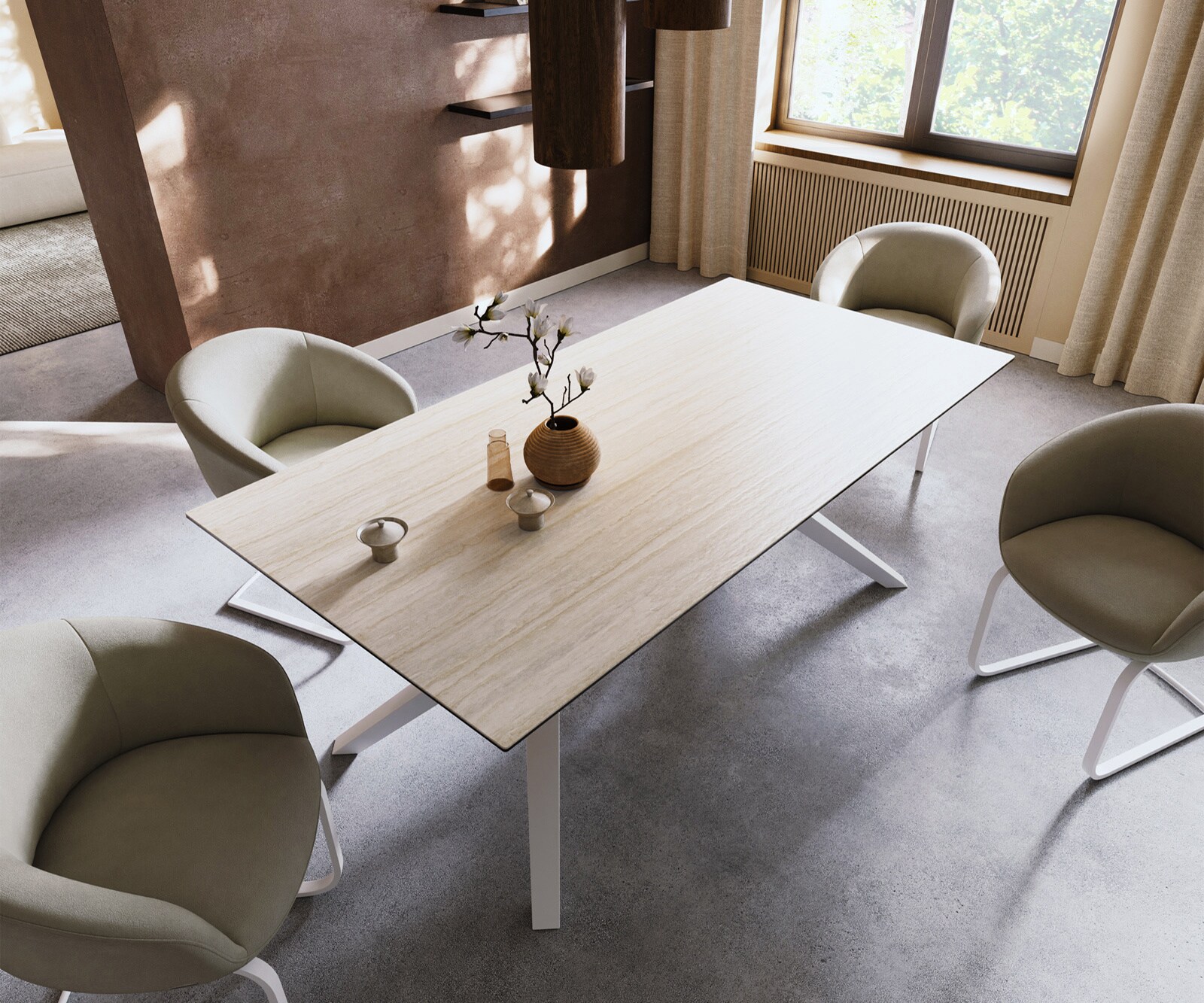 Table à manger Edge 200x100 céramique Laminam® Travertino Bianco crème-blanc Zenthara Angulaire métal blanc 3