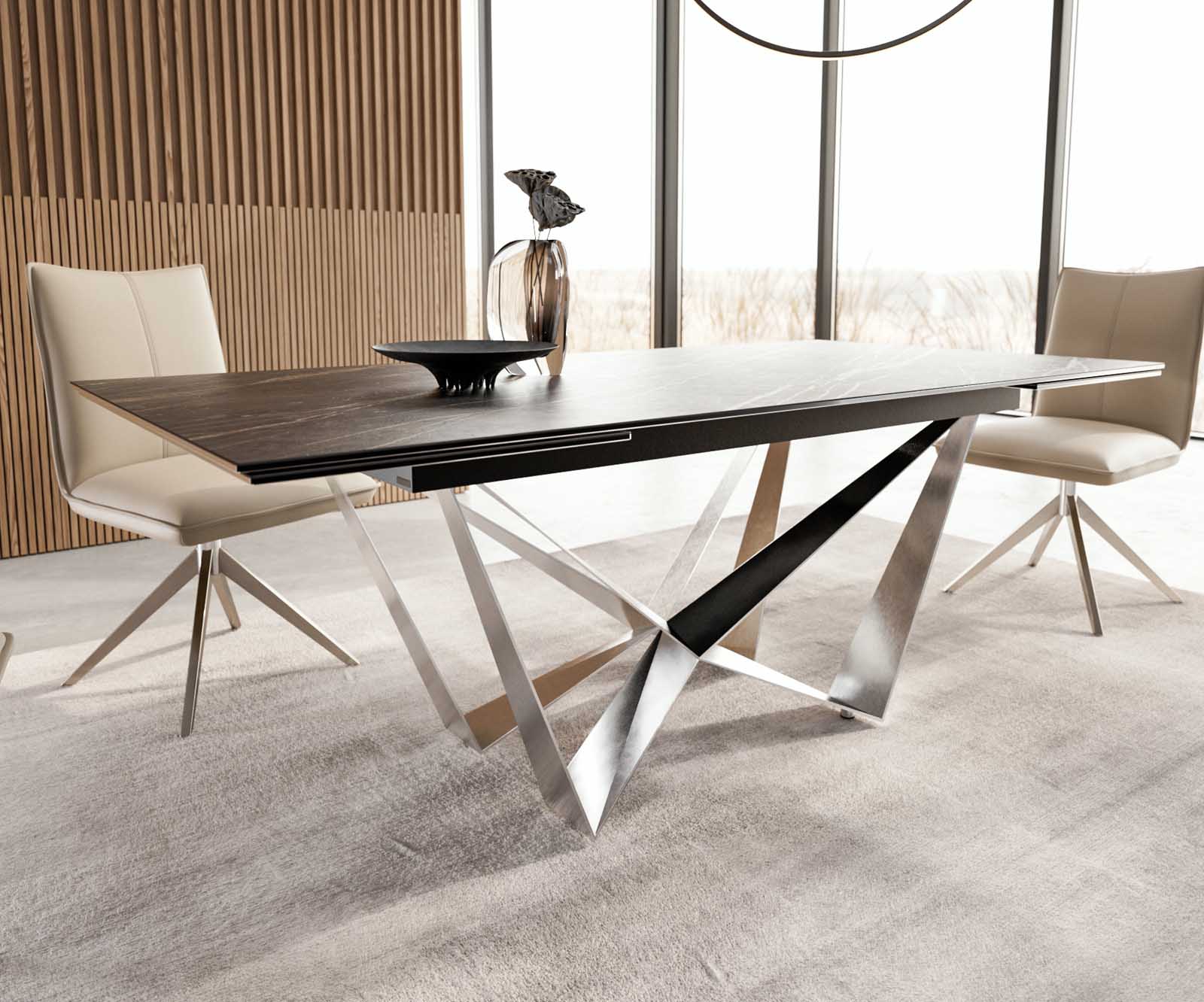 Esstisch Edge 200-300x100 Keramik Laminam®Noir Desir Braun Spider Flachstahl Edelstahl ausziehbar 6