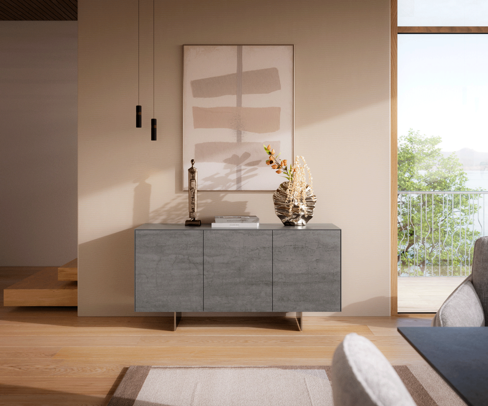 Sideboard Cuor 150 cm Keramik Beton Grau 3 Türen Fuß Schwebeoptik Edelstahl 1
