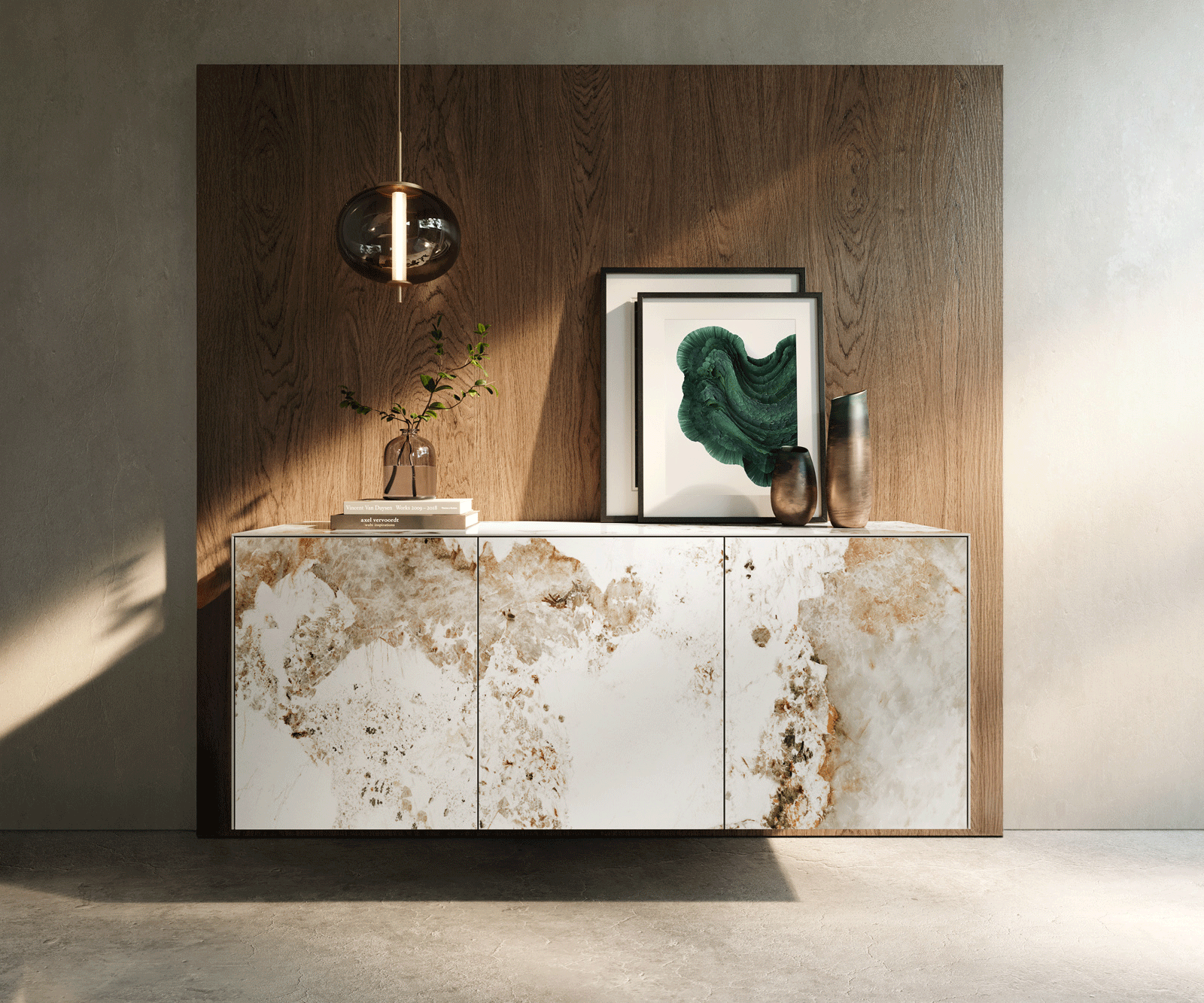 Sideboard Cuor 150 cm Keramik Minas Melange Weiß-Beige 3 Türen Schwebend 1