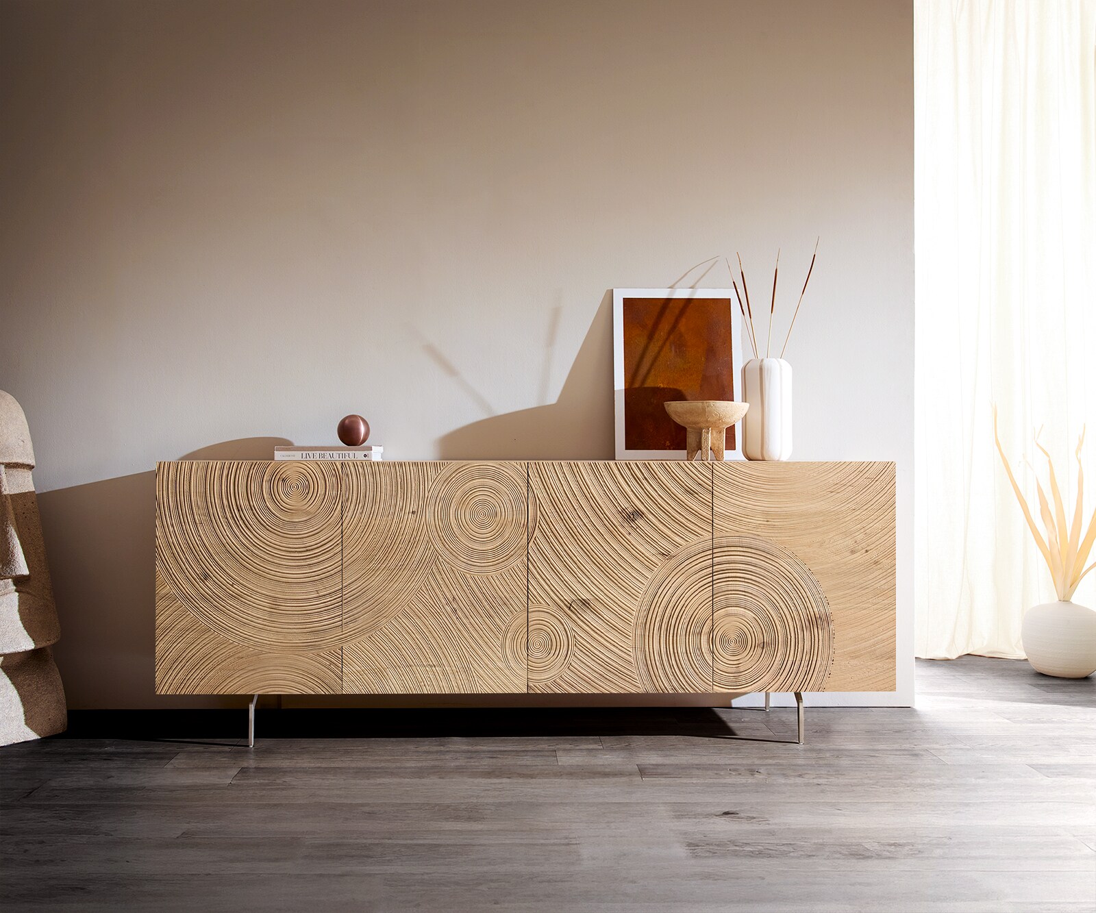 Sideboard Ashara 200 cm Eiche Natur 3D Effekt 4 Türen Winkelfuß Edelstahl gebürstet