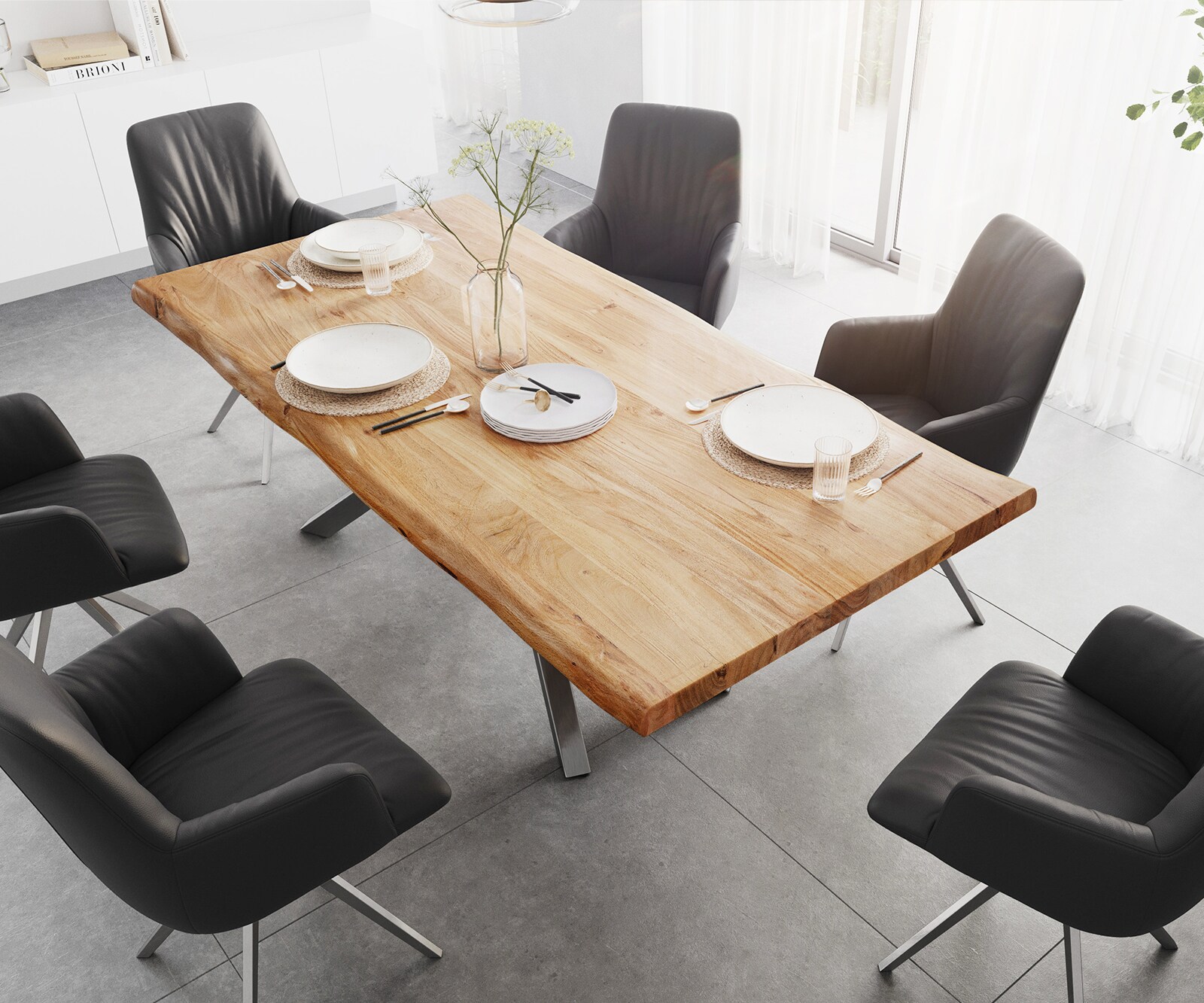 Table à manger Edge 200x100 XL Acacia Naturel cadre croisé Rectangle Acier inoxydable Live-Edge 4