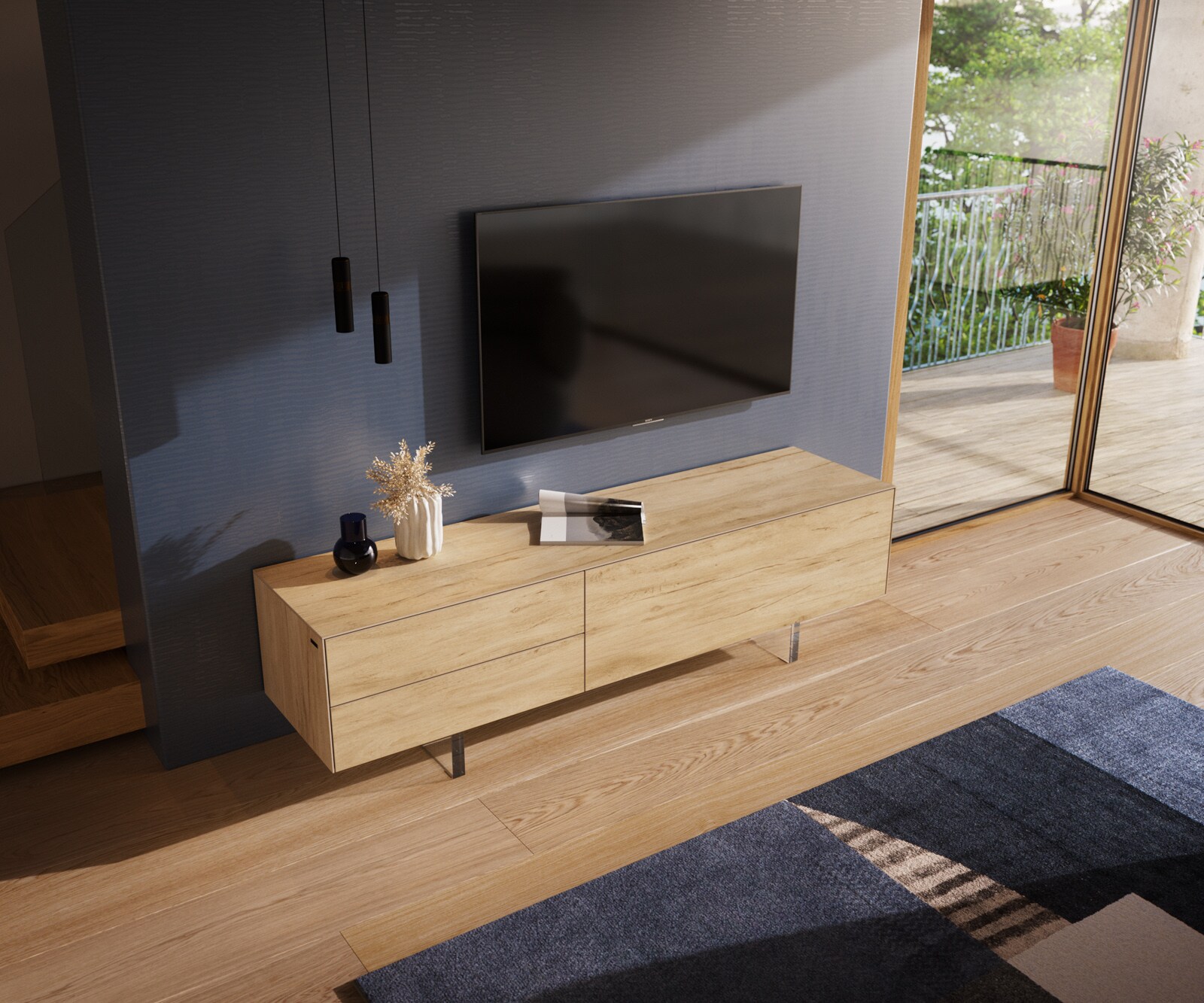 Meuble-TV Cuor 180 cm Céramique Laminam® Sabbia Teinte chêne 1 Clapet 2 Tiroirs Pied optique flottant Verre acrylique 4