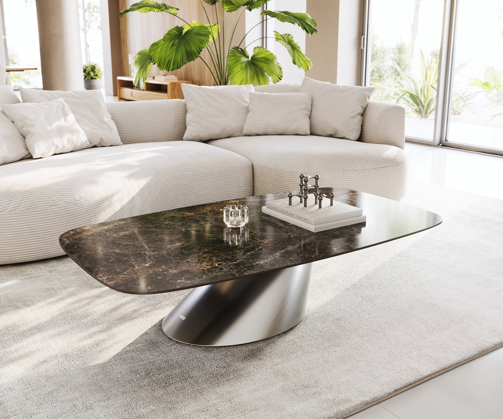 Table basse Edge Boot 140x80 cm céramique Laminam® Emperador Extra Lucidato brun foncé Conis acier inoxydable brossé 1