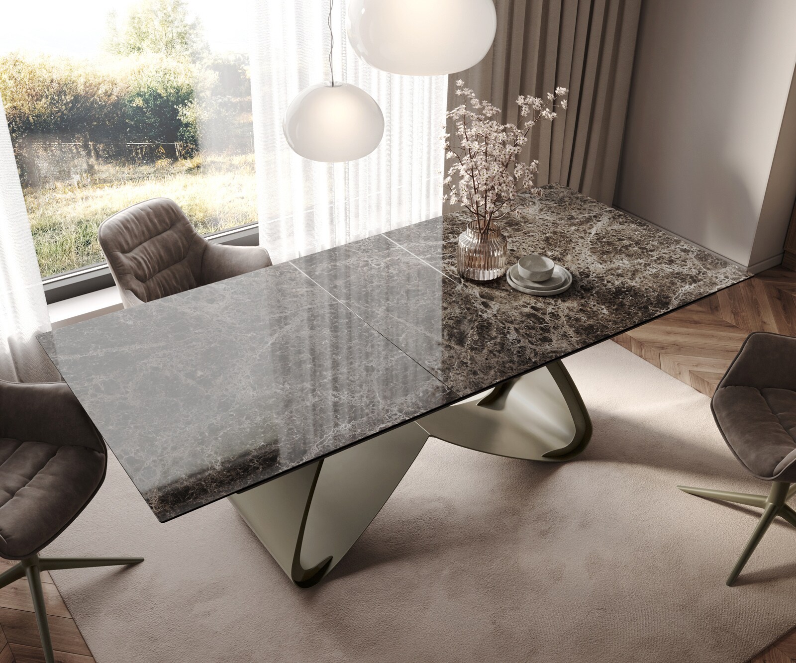 Table à manger Edge 180-220x100 Laminam® Emperador Extra Lucidato Marron foncé Cadre en W finition à effet Titane extensible 2