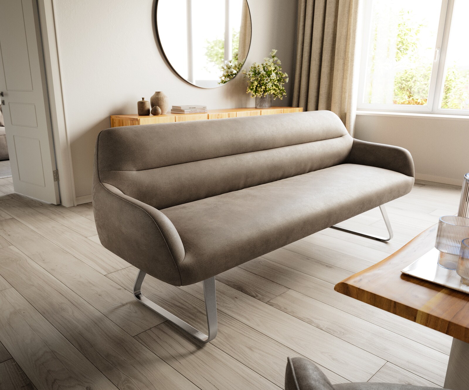 Banc-de-salle-à-manger Taya-Flex 200 cm microfibre taupe vintage châssis à patins plat acier inoxydable ressort ensaché