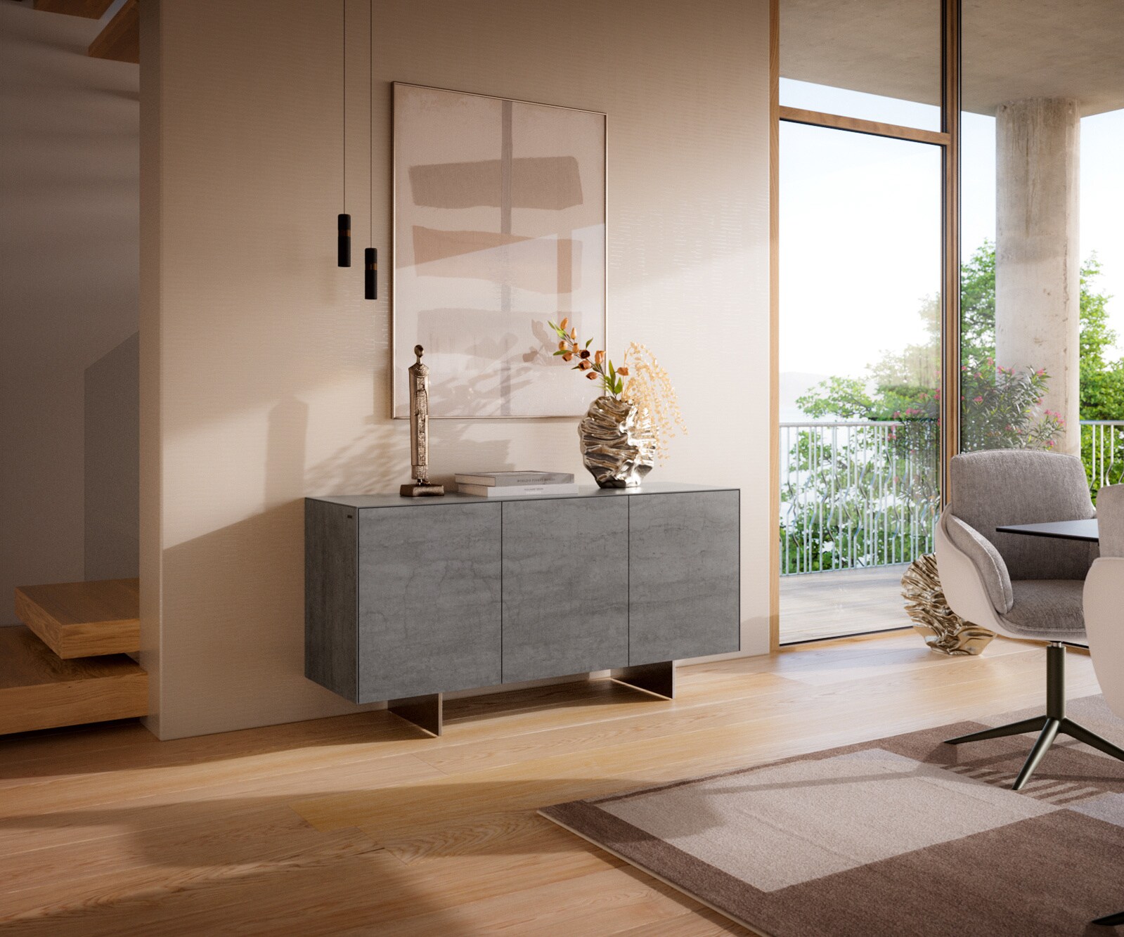 Sideboard Cuor 150 cm Keramik Beton Grau 3 Türen Fuß Schwebeoptik Edelstahl