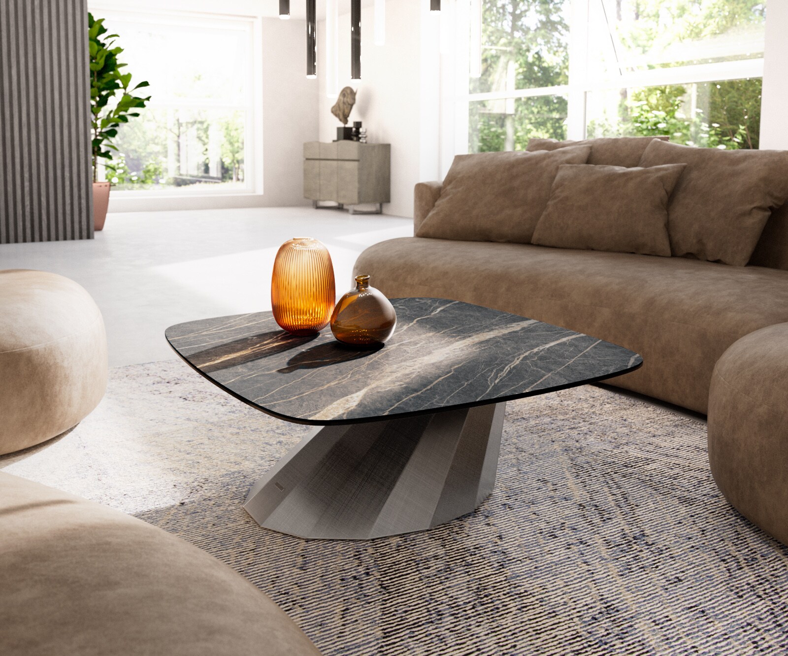 Table basse Edge Boot 90x90 cm céramique Laminam® Noir Desir brun Parabi acier inoxydable brossé 2