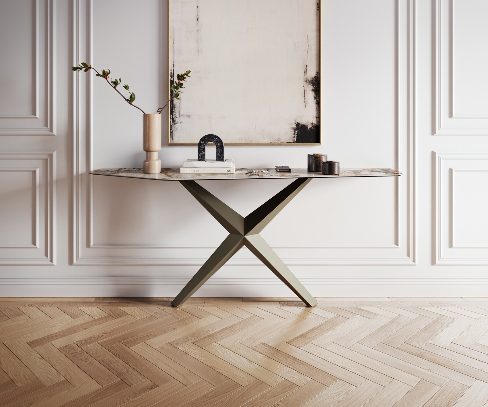 Konsolentisch Edge Polygonal 180x50 cm Keramik Patagonia Poliert Zentharo Metall Effektfinish Titan 1