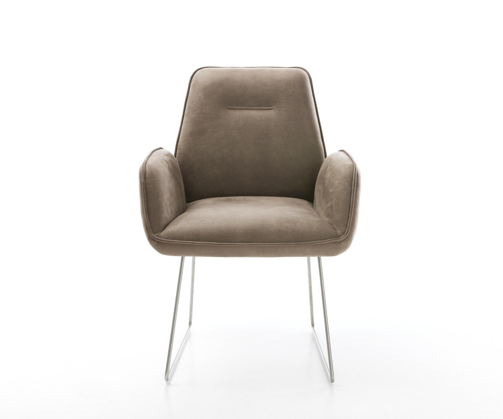 Chaise-de-salle-à-manger Zoa-Flex microvelours taupe vintage pied trapèze acier inoxydable brossé ressorts ensachés 2