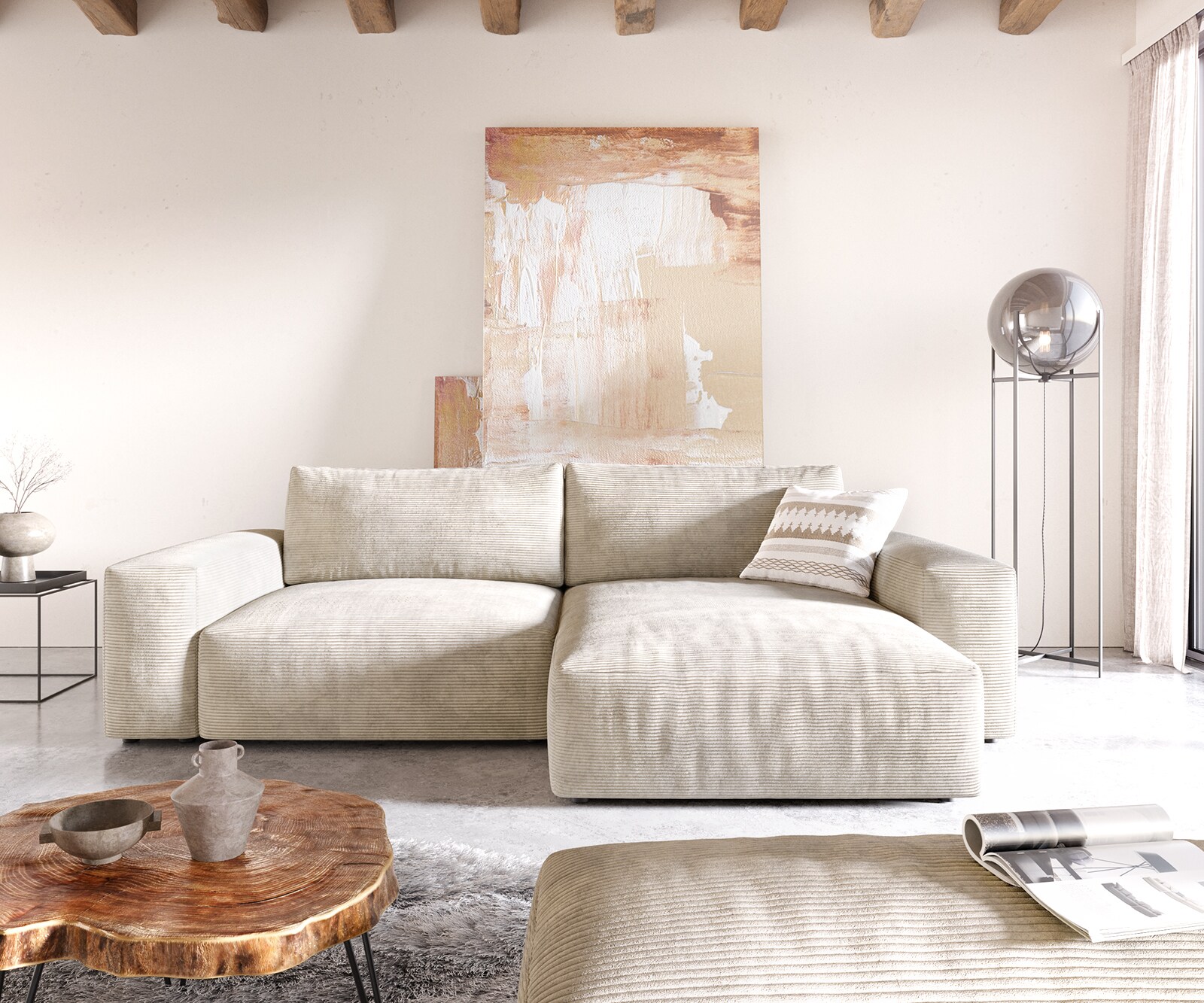 Canapé d'angle Lanzo XL 270x180 cm Velours côtelé Beige Recamière variable avec Tabouret 1