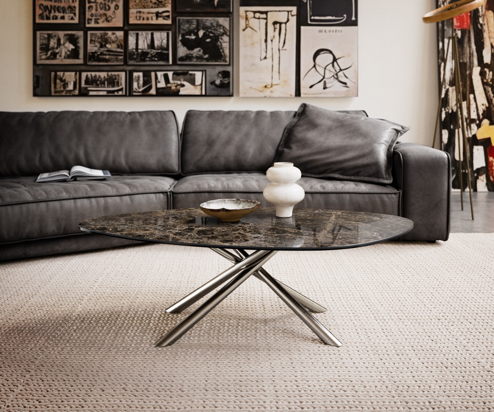 Couchtisch Edge Organisch 140x76 cm Keramik Emperador Extra Lucidato Dunkelbraun Sarity Edelstahl gebürstet 2