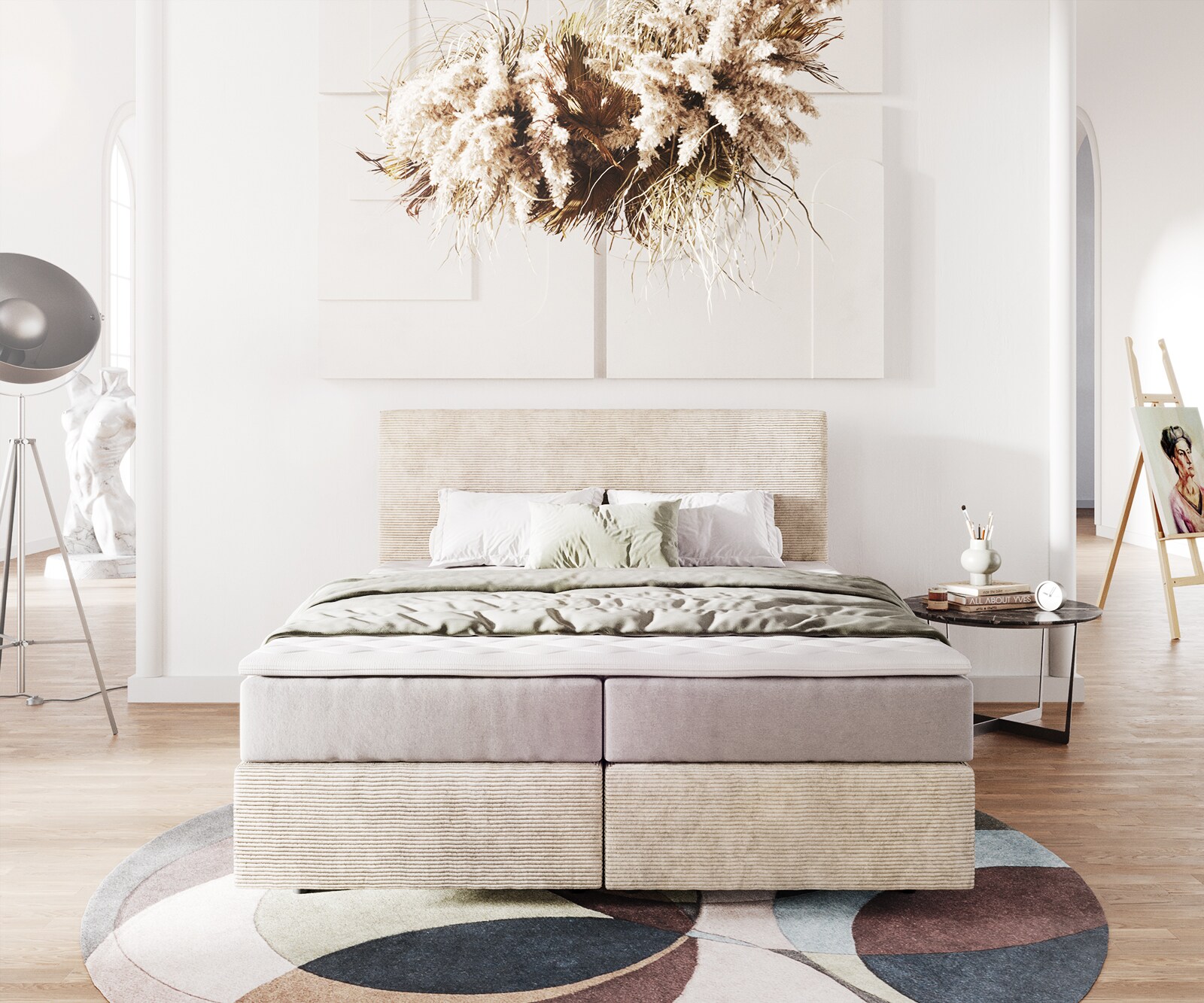 Lit-à-sommier-tapissier Dream-Well 160x200 cm Velours côtelé Beige avec matelas à ressorts ensachés et surmatelas Visco 1