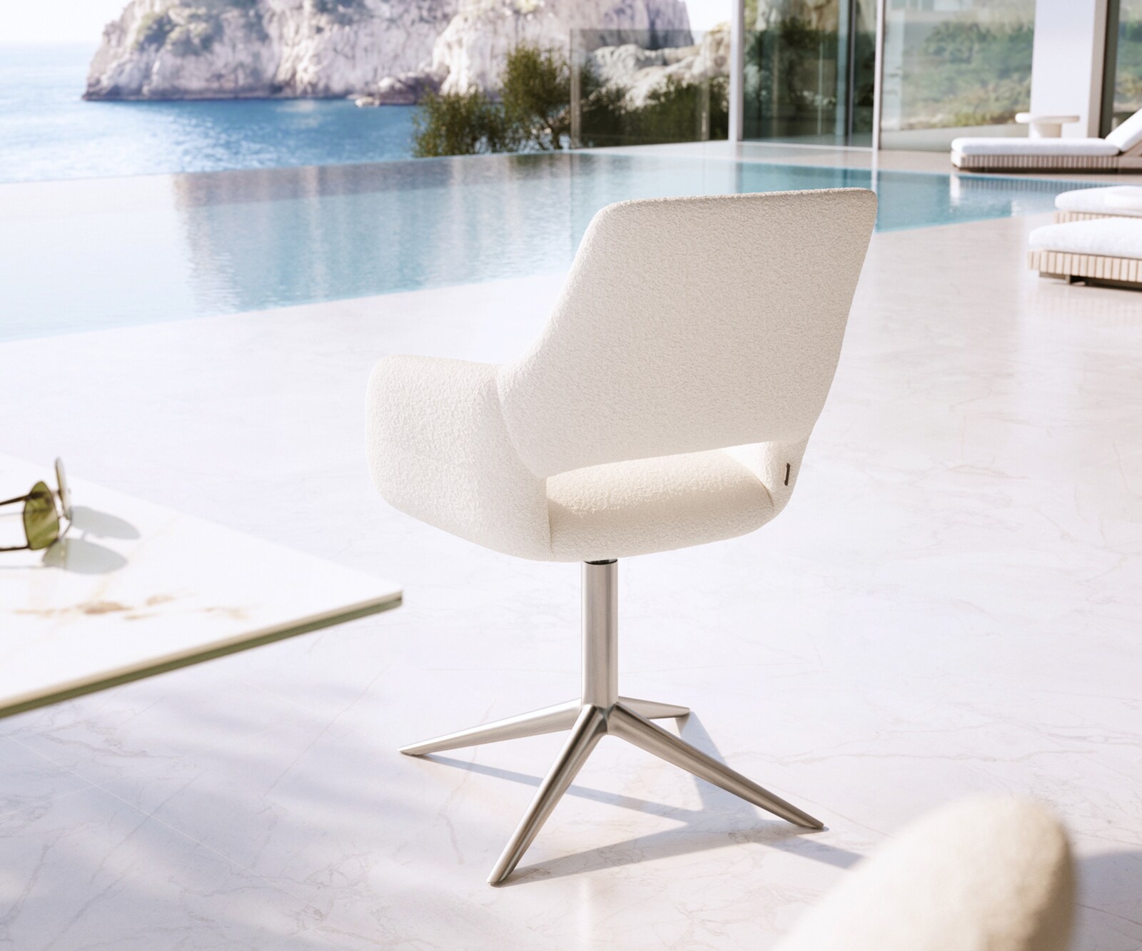 Chaise-d'extérieur Yago-Flex avec accoudoirs bouclé blanc pied de chaise 4 branches acier inoxydable pivotement sur 360° fonction bascule 4