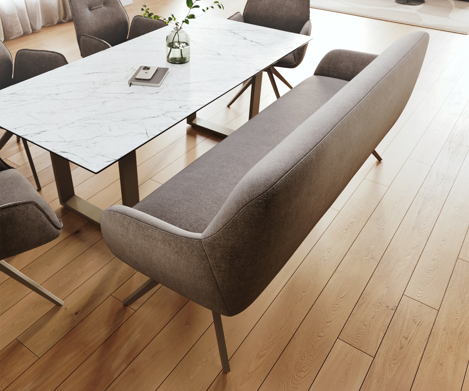 Banc-de-salle-à-manger Taya-Flex 200 cm tissu structuré doux taupe pied croisé angulaire titane ressort ensaché 4