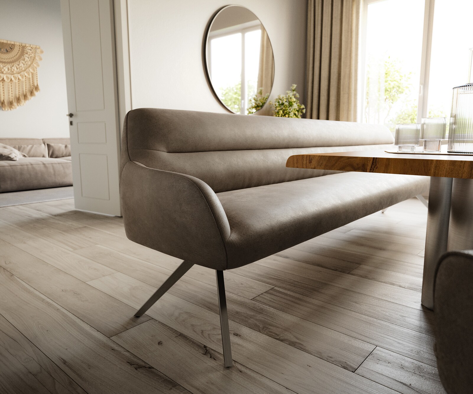 Banc-de-salle-à-manger Taya-Flex 300 cm microfibre taupe vintage pied croisé angulaire grafiete ressort ensaché 4