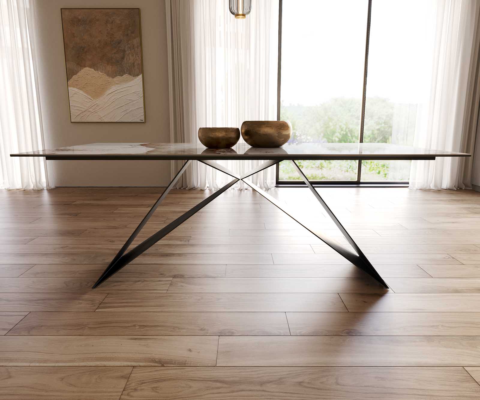 Esstisch Edge 200x100 Keramik Minas Melange Weiß-Beige V-Gestell Flachstahl Schwarz 8