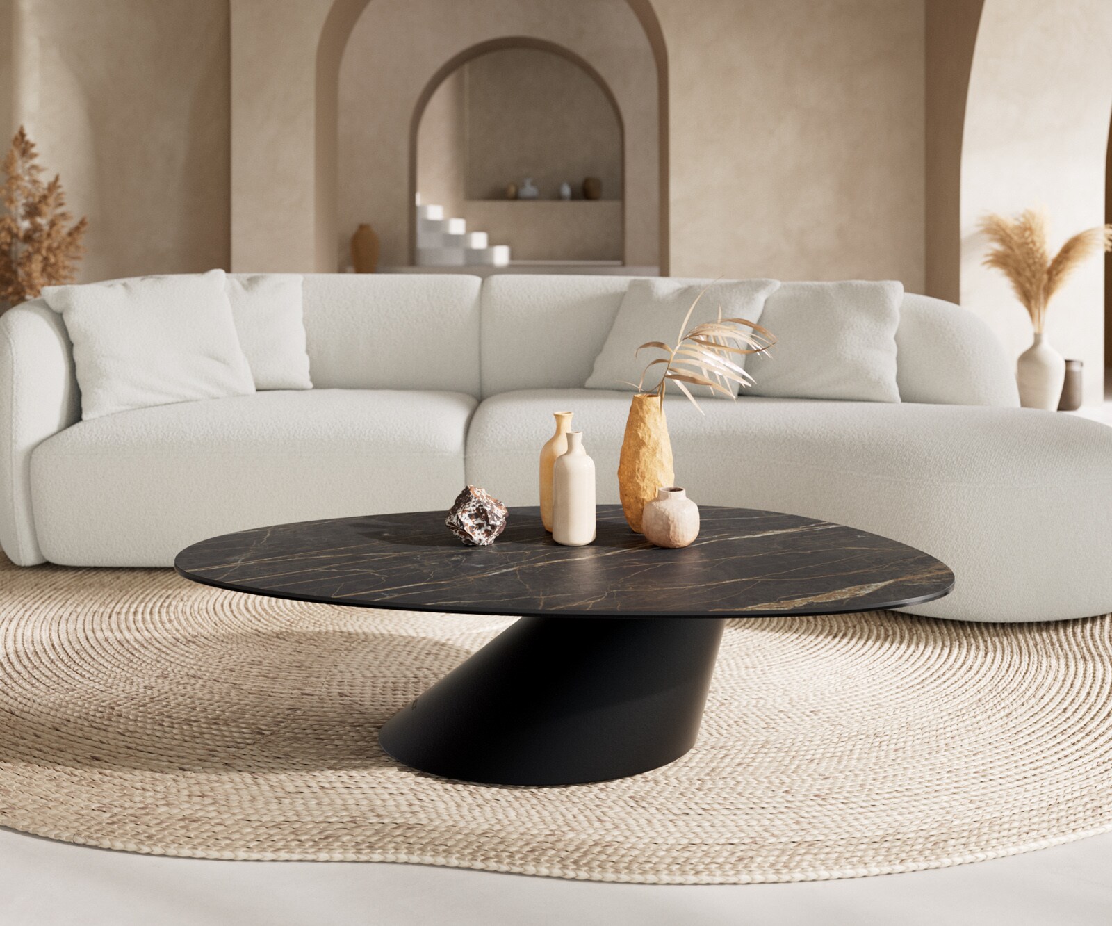 Table basse Edge Oval 140x75 cm céramique Laminam® Noir Desir brun Conis métal noir 1