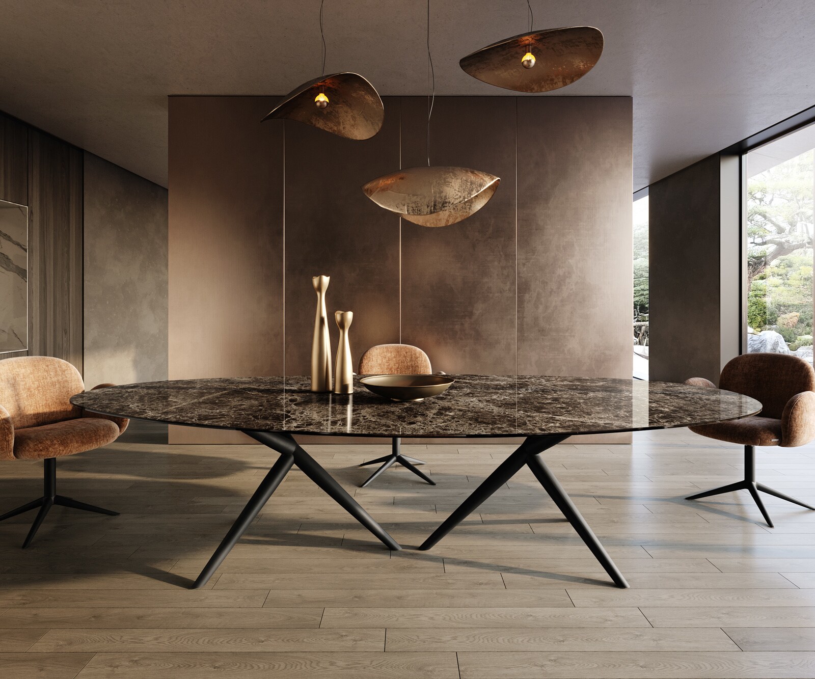 Esstisch Edge Oval 315x150 cm Keramik Emperador Extra Lucidato Dunkelbraun Estelar rund Metall Schwarz 1