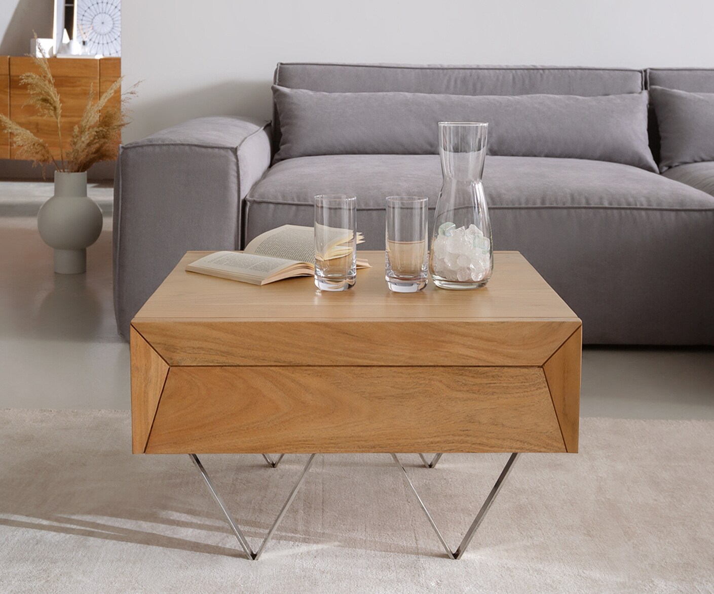 Couchtisch Kayu 60x60 cm Akazie Natur 2 Schübe V-Fuß Edelstahl 1