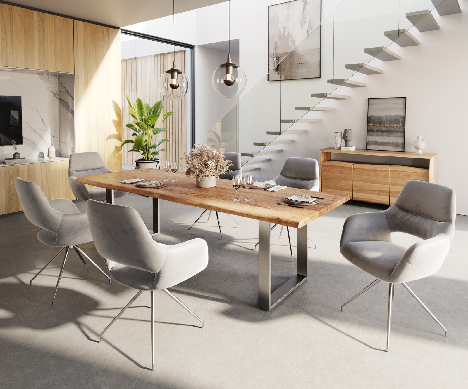 Esszimmerstuhl Yago-Flex mit Armlehnen Samt Grau Kreuzgestell konisch Edelstahl Taschenfederkern 3 Esszimmerstuhl Yago-Flex mit Armlehnen Samt Grau Kreuzgestell konisch Edelstahl Taschenfederkern 3