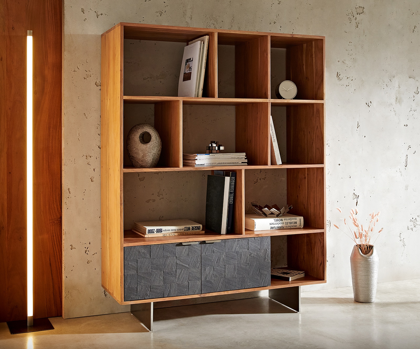 Regal Teele 115x150 cm Akazie Natur Schiefer 2 Türen Fuß schwebend Edelstahl