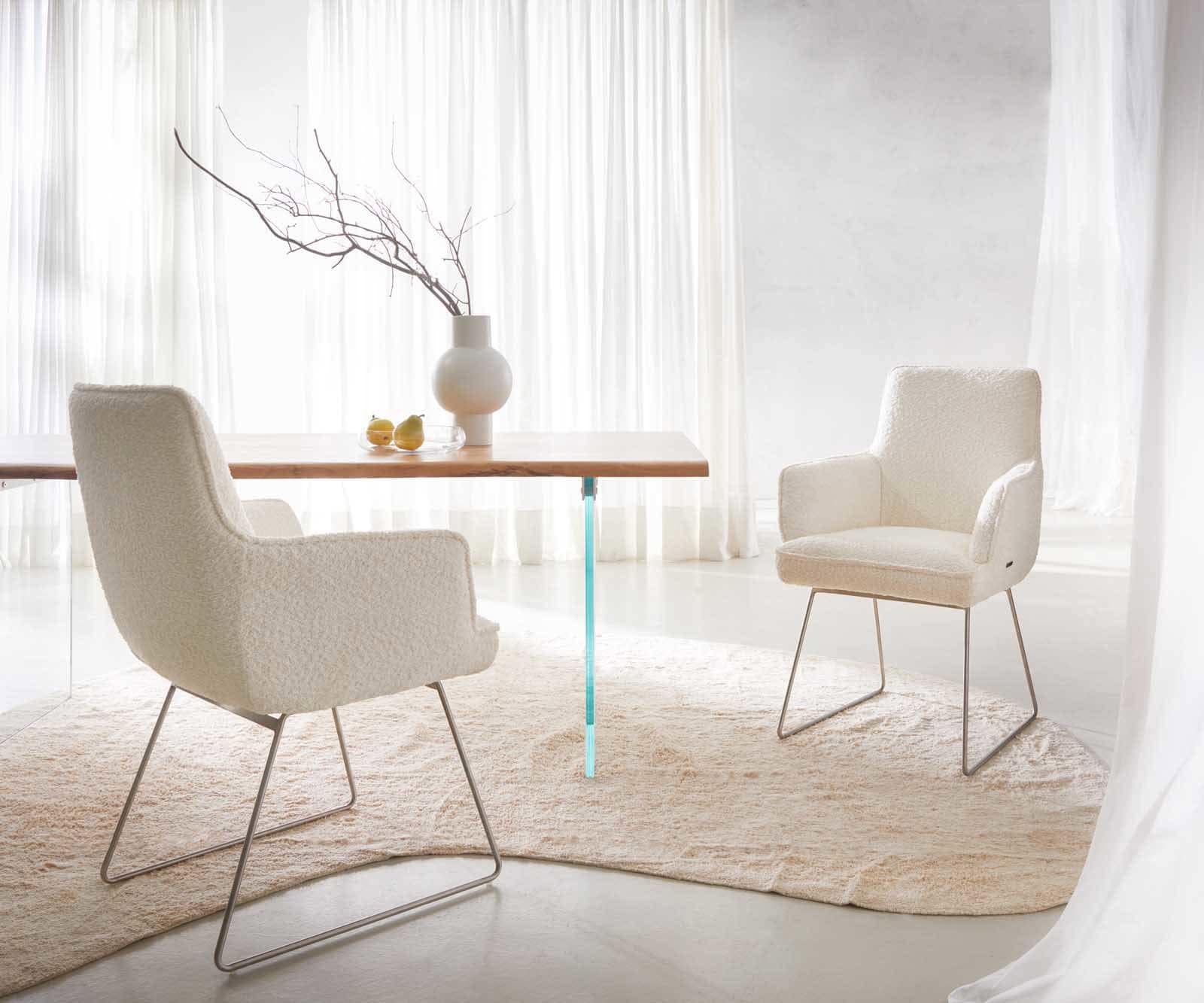 Esszimmerstuhl Heira-Flex mit Armlehnen Bouclé Weiß Kufengestell Edelstahl Taschenfederkern 5 Esszimmerstuhl Heira-Flex mit Armlehnen Bouclé Weiß Kufengestell Edelstahl Taschenfederkern 5