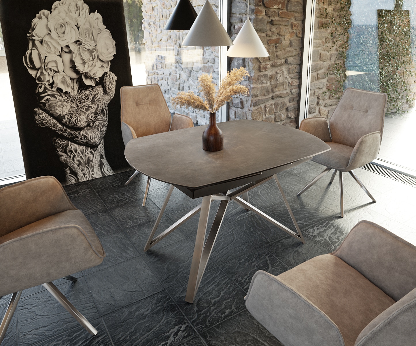 Esstisch Carlow 130/200x95 cm Keramik Braun Edelstahl ausziehbar 2