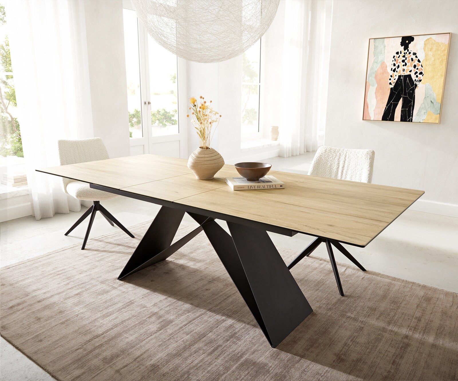 Table à manger Edge 180-220x100 céramique Laminam® Sabbia couleur chêne cadre en V acier plat noir extensible 2