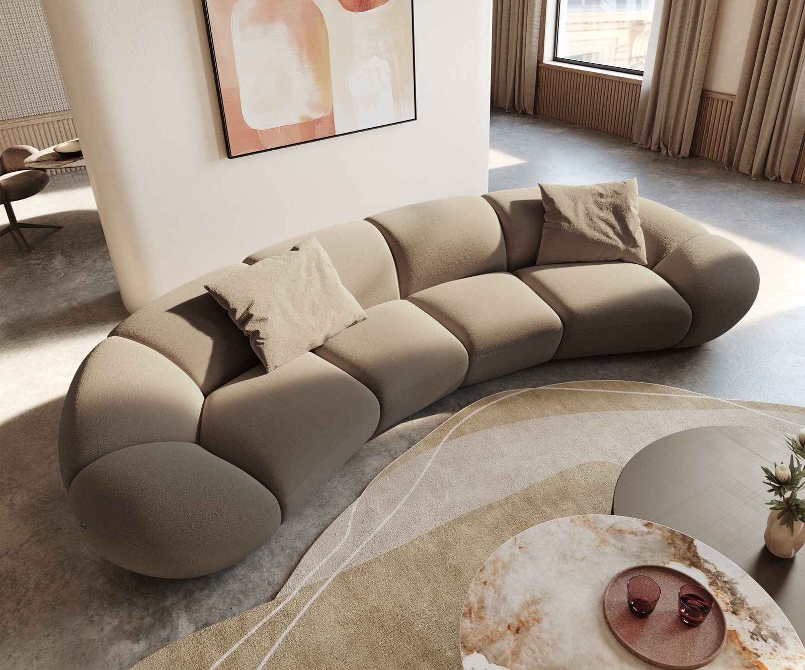 Bigsofa Lunna 360x175 cm Bouclé fin Taupe2 coussins 1 Bigsofa Lunna 360x175 cm Bouclé fin Taupe2 coussins 1