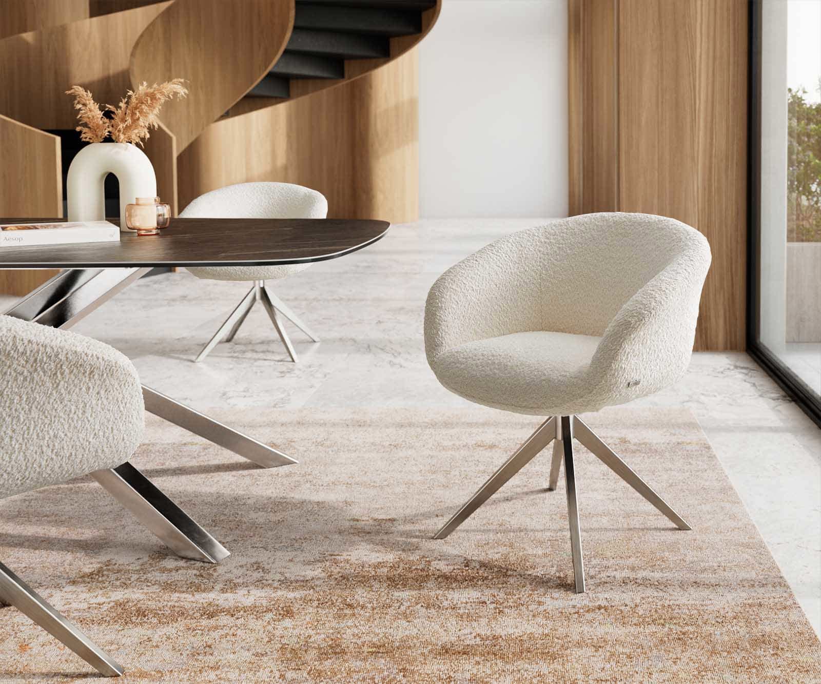 Drehstuhl Vinka-Flex mit Armlehnen Bouclé Weiß Kreuzgestell breit Edelstahl 360° drehbar Taschenfederkern Drehstuhl Vinka-Flex mit Armlehnen Bouclé Weiß Kreuzgestell breit Edelstahl 360° drehbar Taschenfederkern