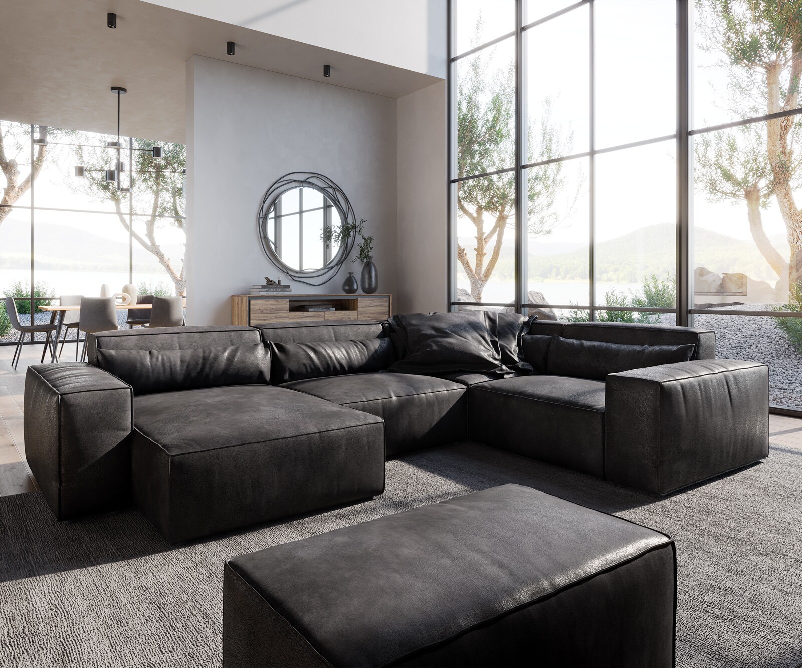 Wohnlandschaft Sirpio 300x200 cm Lederimitat Vintage Anthrazit Recamiere variabel mit Hocker