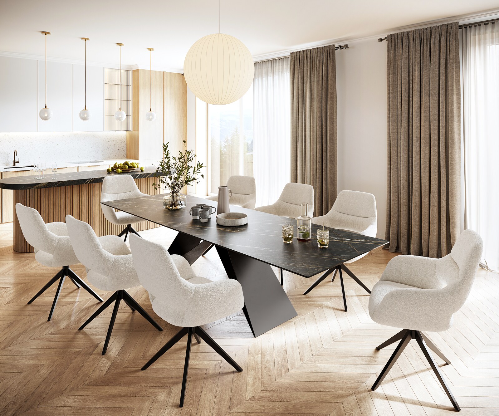 Esstisch Edge 300x100cm Keramik Laminam®Noir Desir Braun V-Mittelfuß Schwarz 5