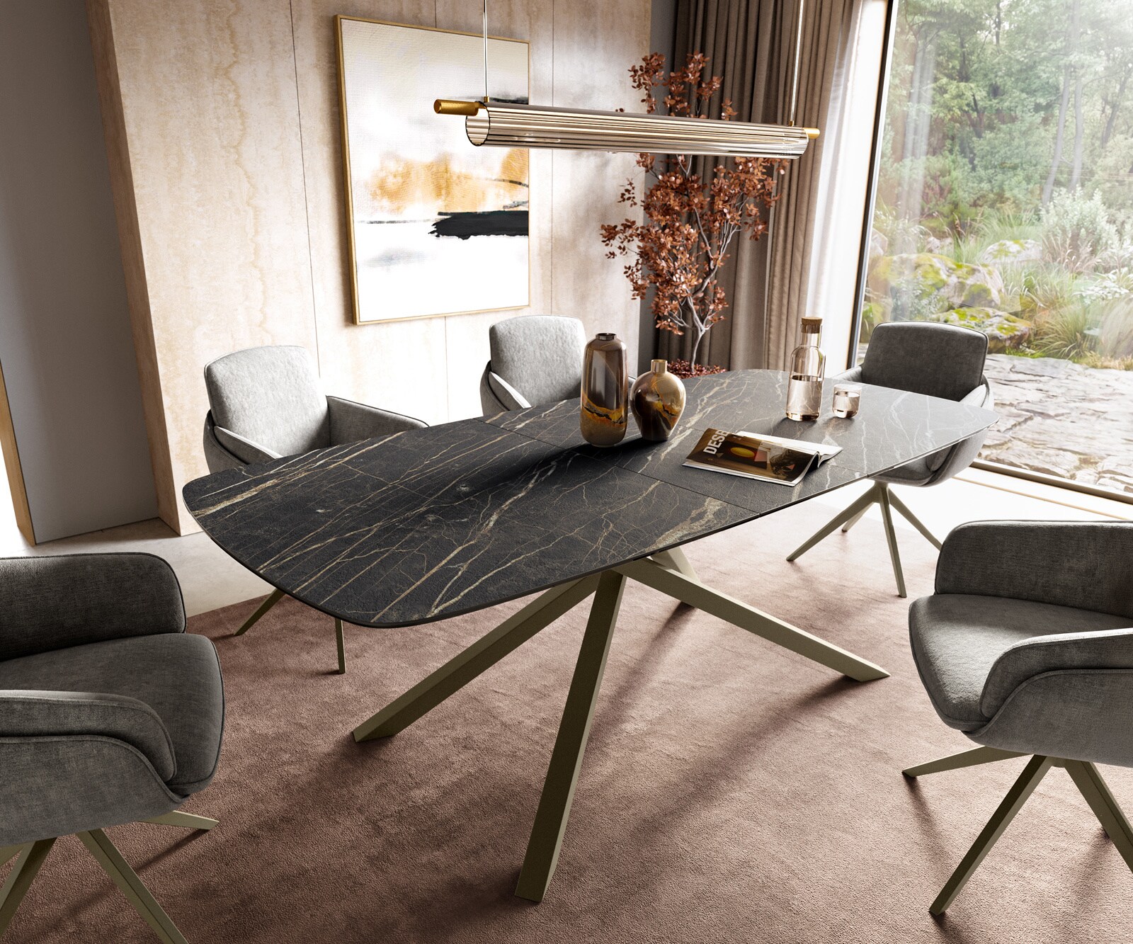 Esstisch Edge Boot 180-220x100 cm Laminam® Keramik Noir Desir Braun Kreuzgestell Rechteck Effektfinish Titan ausziehbar