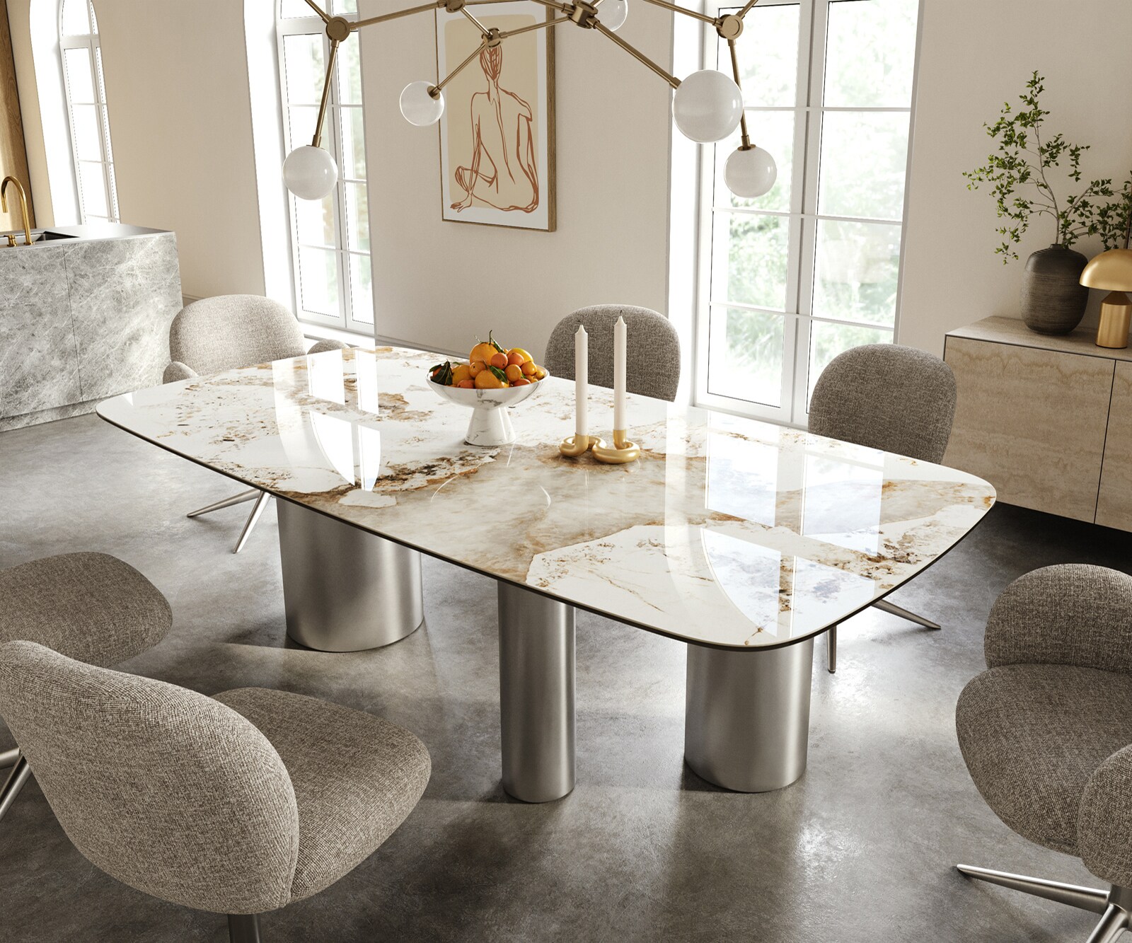 Table à manger Edge Boot 240x120 cm Céramique Minas Melange Blanc-Beige Troa Acier inoxydable gebürstet